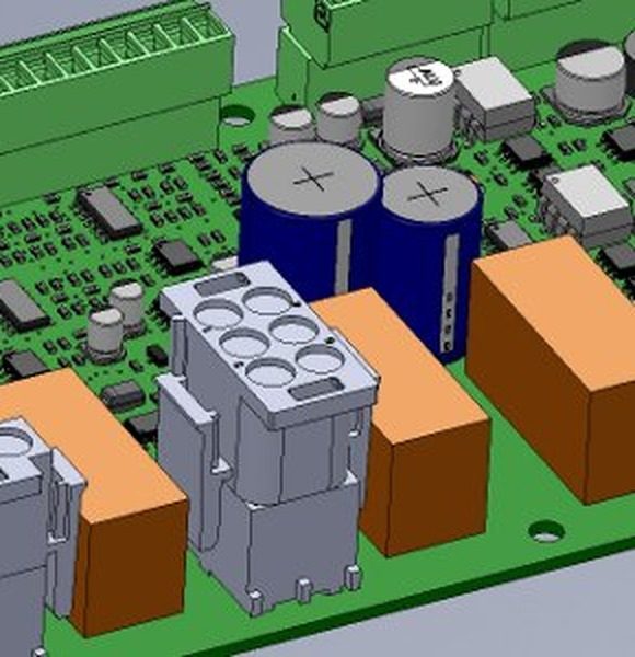 Rendering 3D di un PCB masterizzato, con componenti in vista 3D